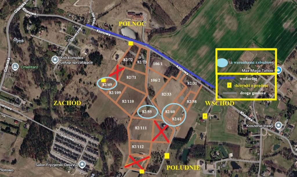Działki z warunkami zabudowy Zła Wieś – 3 936 m² różne powierzchnie.